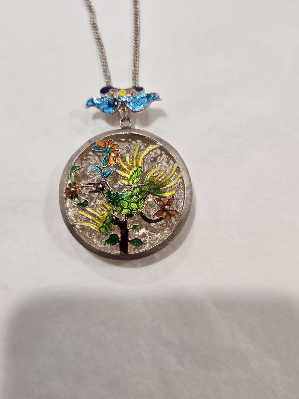Vintage Chinese Export S990 Pure Fine Silver Filigree Enamel Bird Necklace 16"
